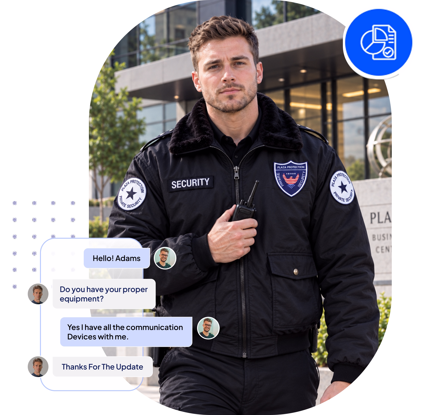 Security guard dashboard interface with greeting and question prompts